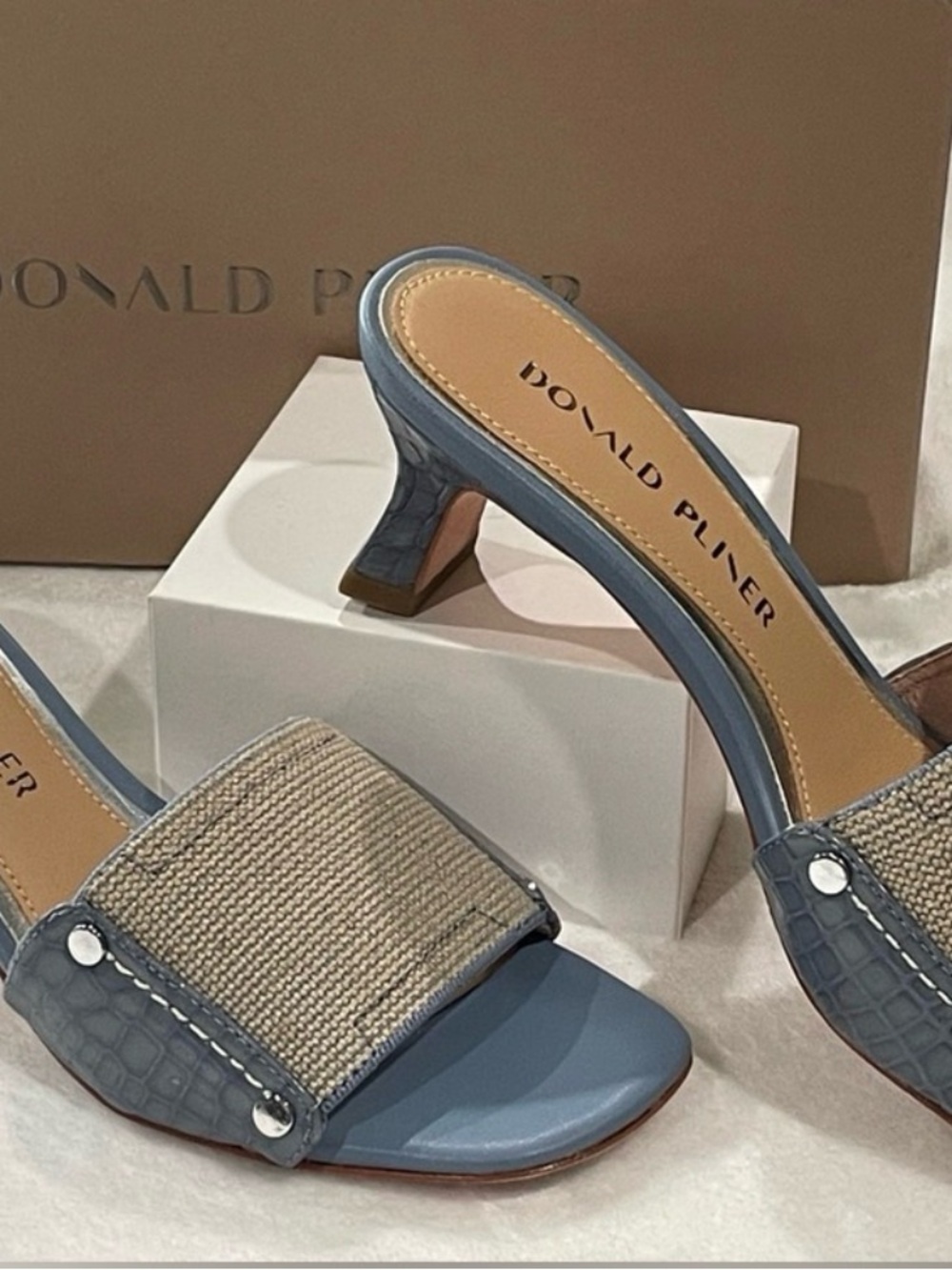 Donald J. Pliner Blue Leather & Beige Linen Slide Mules